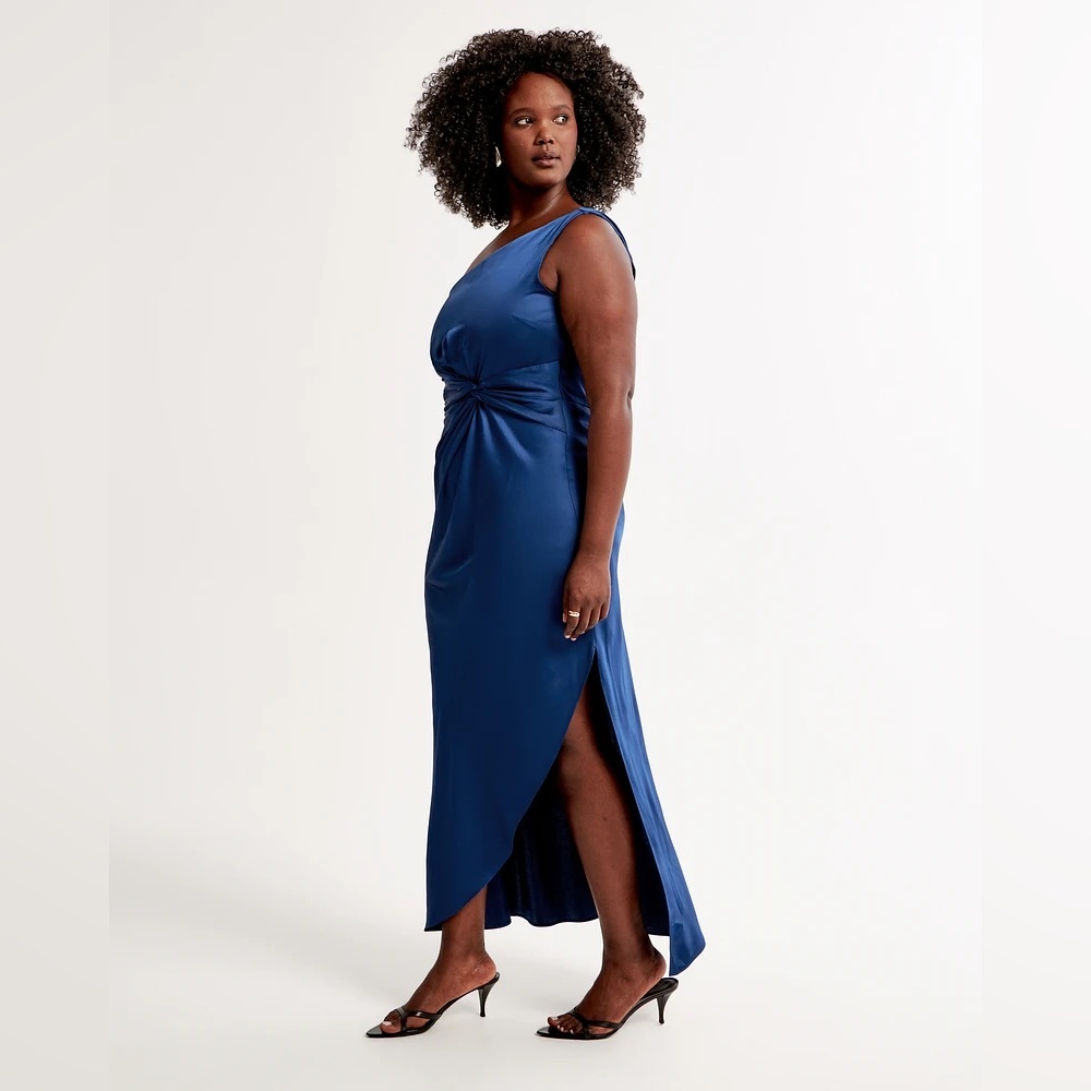 Abercrombie & Fitch One-Shoulder Satin Knotted Midi Dress Royal Blue Size XS - Picture 2 of 6